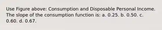 Use Figure above: Consumption and Disposable Personal Income. The slope of the consumption function is: a. 0.25. b. 0.50. c. 0.60. d. 0.67.