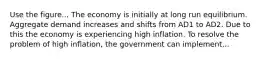 Use the figure... The economy is initially at long run equilibrium. Aggregate demand increases and shifts from AD1 to AD2. Due to this the economy is experiencing high inflation. To resolve the problem of high inflation, the government can implement...