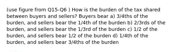 (use figure from Q15-Q6 ) How is the burden of the tax shared between buyers and sellers? Buyers bear a) 3/4ths of the burden, and sellers bear the 1/4th of the burden b) 2/3rds of the burden, and sellers bear the 1/3rd of the burden c) 1/2 of the burden, and sellers bear 1/2 of the burden d) 1/4th of the burden, and sellers bear 3/4ths of the burden