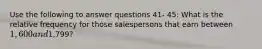 Use the following to answer questions 41- 45: What is the relative frequency for those salespersons that earn between 1,600 and1,799?