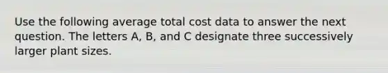 Use the following average total cost data to answer the next question. The letters A, B, and C designate three successively larger plant sizes.