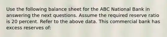 Use the following balance sheet for the ABC National Bank in answering the next questions. Assume the required reserve ratio is 20 percent. Refer to the above data. This commercial bank has excess reserves of: