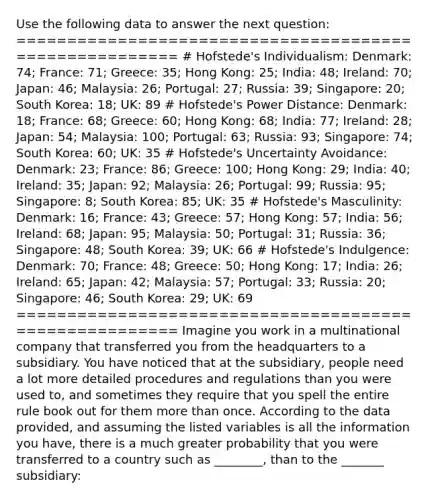 Use the following data to answer the next question: ======================================================= # Hofstede's Individualism: Denmark: 74; France: 71; Greece: 35; Hong Kong: 25; India: 48; Ireland: 70; Japan: 46; Malaysia: 26; Portugal: 27; Russia: 39; Singapore: 20; South Korea: 18; UK: 89 # Hofstede's Power Distance: Denmark: 18; France: 68; Greece: 60; Hong Kong: 68; India: 77; Ireland: 28; Japan: 54; Malaysia: 100; Portugal: 63; Russia: 93; Singapore: 74; South Korea: 60; UK: 35 # Hofstede's Uncertainty Avoidance: Denmark: 23; France: 86; Greece: 100; Hong Kong: 29; India: 40; Ireland: 35; Japan: 92; Malaysia: 26; Portugal: 99; Russia: 95; Singapore: 8; South Korea: 85; UK: 35 # Hofstede's Masculinity: Denmark: 16; France: 43; Greece: 57; Hong Kong: 57; India: 56; Ireland: 68; Japan: 95; Malaysia: 50; Portugal: 31; Russia: 36; Singapore: 48; South Korea: 39; UK: 66 # Hofstede's Indulgence: Denmark: 70; France: 48; Greece: 50; Hong Kong: 17; India: 26; Ireland: 65; Japan: 42; Malaysia: 57; Portugal: 33; Russia: 20; Singapore: 46; South Korea: 29; UK: 69 ======================================================= Imagine you work in a multinational company that transferred you from the headquarters to a subsidiary. You have noticed that at the subsidiary, people need a lot more detailed procedures and regulations than you were used to, and sometimes they require that you spell the entire rule book out for them more than once. According to the data provided, and assuming the listed variables is all the information you have, there is a much greater probability that you were transferred to a country such as ________, than to the _______ subsidiary: