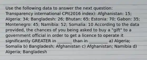 Use the following data to answer the next question: Transparency international CPI(2016 index): Afghanistan: 15; Algeria: 34; Bangladesh: 26; Bhutan: 65; Estonia: 70; Gabon: 35; Montenegro: 45; Namibia: 52; Somalia: 10 According to the data provided, the chances of you being asked to buy a "gift" to a government official in order to get a licence to operate it significantly GREATER in _______ than in _________ a) Algeria; Somalia b) Bangladesh; Afghanistan c) Afghanistan; Namibia d) Algeria; Bangladesh