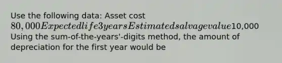 Use the following data: Asset cost 80,000 Expected life 3 years Estimated salvage value10,000 ​ Using the sum-of-the-years'-digits method, the amount of depreciation for the first year would be