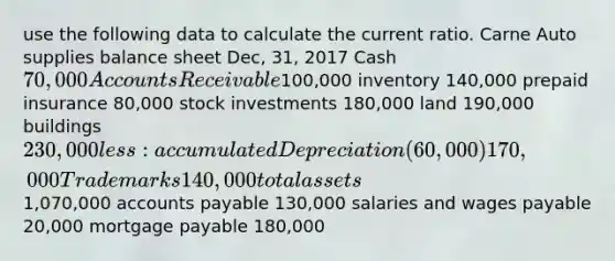 use the following data to calculate the current ratio. Carne Auto supplies balance sheet Dec, 31, 2017 Cash 70,000 Accounts Receivable100,000 inventory 140,000 prepaid insurance 80,000 stock investments 180,000 land 190,000 buildings 230,000 less: accumulated Depreciation (60,000)170,000 Trademarks 140,000 total assets1,070,000 accounts payable 130,000 salaries and wages payable 20,000 mortgage payable 180,000