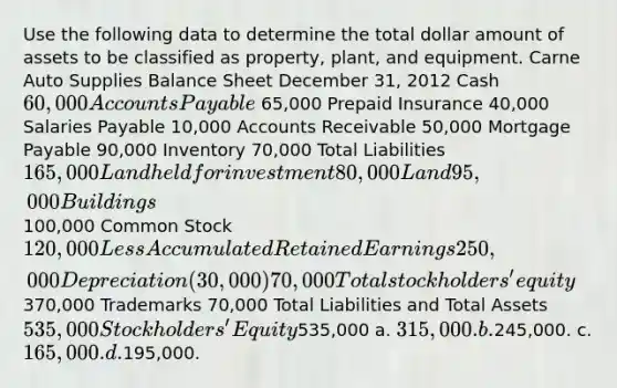 Use the following data to determine the total dollar amount of assets to be classified as property, plant, and equipment. Carne Auto Supplies Balance Sheet December 31, 2012 Cash 60,000 Accounts Payable 65,000 Prepaid Insurance 40,000 Salaries Payable 10,000 Accounts Receivable 50,000 Mortgage Payable 90,000 Inventory 70,000 Total Liabilities 165,000 Land held for investment 80,000 Land 95,000 Buildings100,000 Common Stock 120,000 Less Accumulated Retained Earnings 250,000 Depreciation (30,000) 70,000 Total stockholders' equity370,000 Trademarks 70,000 Total Liabilities and Total Assets 535,000 Stockholders' Equity535,000 a. 315,000. b.245,000. c. 165,000. d.195,000.