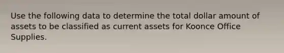 Use the following data to determine the total dollar amount of assets to be classified as current assets for Koonce Office Supplies.