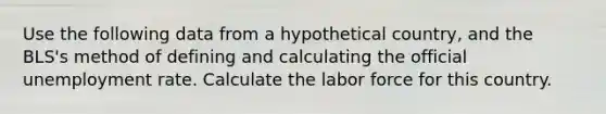 Use the following data from a hypothetical country, and the BLS's method of defining and calculating the official <a href='https://www.questionai.com/knowledge/kh7PJ5HsOk-unemployment-rate' class='anchor-knowledge'>unemployment rate</a>. Calculate the labor force for this country.