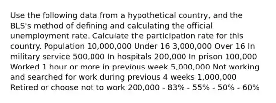 Use the following data from a hypothetical country, and the BLS's method of defining and calculating the official unemployment rate. Calculate the participation rate for this country. Population 10,000,000 Under 16 3,000,000 Over 16 In military service 500,000 In hospitals 200,000 In prison 100,000 Worked 1 hour or more in previous week 5,000,000 Not working and searched for work during previous 4 weeks 1,000,000 Retired or choose not to work 200,000 - 83% - 55% - 50% - 60%