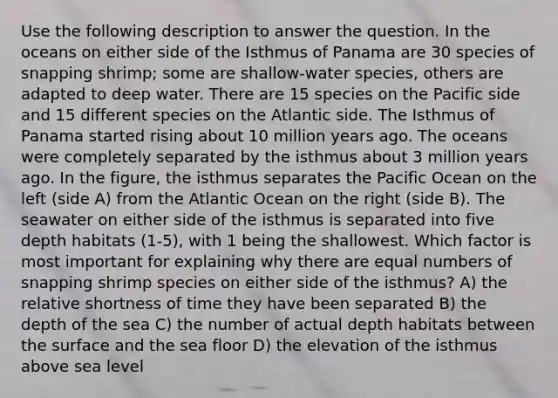 Use the following description to answer the question. In the oceans on either side of the Isthmus of Panama are 30 species of snapping shrimp; some are shallow-water species, others are adapted to deep water. There are 15 species on the Pacific side and 15 different species on the Atlantic side. The Isthmus of Panama started rising about 10 million years ago. The oceans were completely separated by the isthmus about 3 million years ago. In the figure, the isthmus separates the Pacific Ocean on the left (side A) from the Atlantic Ocean on the right (side B). The seawater on either side of the isthmus is separated into five depth habitats (1-5), with 1 being the shallowest. Which factor is most important for explaining why there are equal numbers of snapping shrimp species on either side of the isthmus? A) the relative shortness of time they have been separated B) the depth of the sea C) the number of actual depth habitats between the surface and the sea floor D) the elevation of the isthmus above sea level