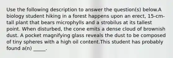 Use the following description to answer the question(s) below.A biology student hiking in a forest happens upon an erect, 15-cm-tall plant that bears microphylls and a strobilus at its tallest point. When disturbed, the cone emits a dense cloud of brownish dust. A pocket magnifying glass reveals the dust to be composed of tiny spheres with a high oil content.This student has probably found a(n) _____.