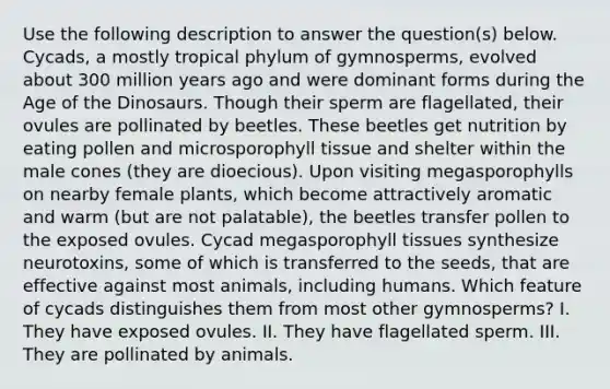 Use the following description to answer the question(s) below. Cycads, a mostly tropical phylum of gymnosperms, evolved about 300 million years ago and were dominant forms during the Age of the Dinosaurs. Though their sperm are flagellated, their ovules are pollinated by beetles. These beetles get nutrition by eating pollen and microsporophyll tissue and shelter within the male cones (they are dioecious). Upon visiting megasporophylls on nearby female plants, which become attractively aromatic and warm (but are not palatable), the beetles transfer pollen to the exposed ovules. Cycad megasporophyll tissues synthesize neurotoxins, some of which is transferred to the seeds, that are effective against most animals, including humans. Which feature of cycads distinguishes them from most other gymnosperms? I. They have exposed ovules. II. They have flagellated sperm. III. They are pollinated by animals.