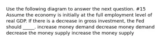 Use the following diagram to answer the next question. #15 Assume the economy is initially at the full employment level of real GDP. If there is a decrease in gross investment, the Fed should _____. increase money demand decrease money demand decrease the money supply increase the money supply