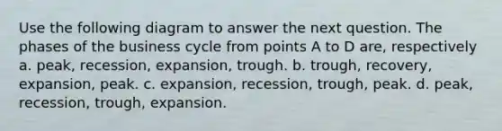 Use the following diagram to answer the next question. The phases of the business cycle from points A to D are, respectively a. peak, recession, expansion, trough. b. trough, recovery, expansion, peak. c. expansion, recession, trough, peak. d. peak, recession, trough, expansion.