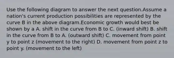 Use the following diagram to answer the next question.Assume a nation's current production possibilities are represented by the curve B in the above diagram.Economic growth would best be shown by a A. shift in the curve from B to C. (inward shift) B. shift in the curve from B to A. (outward shift) C. movement from point y to point z (movement to the right) D. movement from point z to point y. (movement to the left)