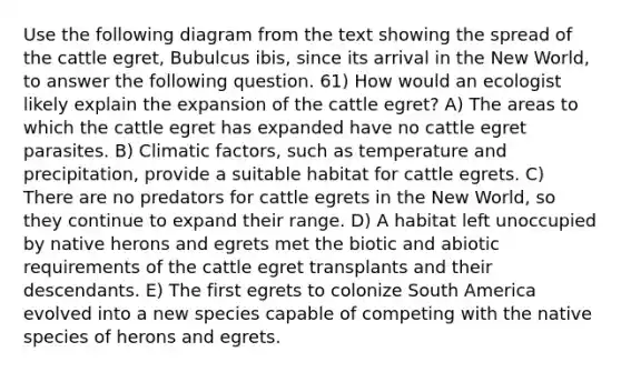 Use the following diagram from the text showing the spread of the cattle egret, Bubulcus ibis, since its arrival in the New World, to answer the following question. 61) How would an ecologist likely explain the expansion of the cattle egret? A) The areas to which the cattle egret has expanded have no cattle egret parasites. B) Climatic factors, such as temperature and precipitation, provide a suitable habitat for cattle egrets. C) There are no predators for cattle egrets in the New World, so they continue to expand their range. D) A habitat left unoccupied by native herons and egrets met the biotic and abiotic requirements of the cattle egret transplants and their descendants. E) The first egrets to colonize South America evolved into a new species capable of competing with the native species of herons and egrets.