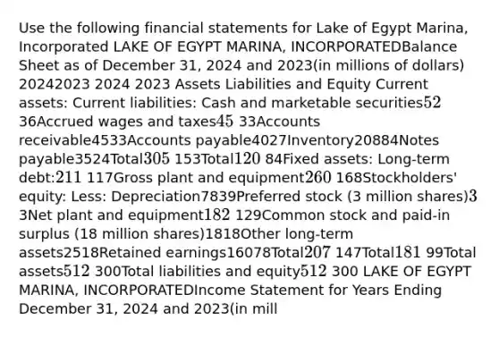 Use the following financial statements for Lake of Egypt Marina, Incorporated LAKE OF EGYPT MARINA, INCORPORATEDBalance Sheet as of December 31, 2024 and 2023(in millions of dollars) 20242023 2024 2023 Assets Liabilities and Equity Current assets: Current liabilities: Cash and marketable securities52 36Accrued wages and taxes45 33Accounts receivable4533Accounts payable4027Inventory20884Notes payable3524Total305 153Total120 84Fixed assets: Long-term debt:211 117Gross plant and equipment260 168Stockholders' equity: Less: Depreciation7839Preferred stock (3 million shares)3 3Net plant and equipment182 129Common stock and paid-in surplus (18 million shares)1818Other long-term assets2518Retained earnings16078Total207 147Total181 99Total assets512 300Total liabilities and equity512 300 LAKE OF EGYPT MARINA, INCORPORATEDIncome Statement for Years Ending December 31, 2024 and 2023(in mill