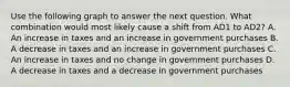 Use the following graph to answer the next question. What combination would most likely cause a shift from AD1 to AD2? A. An increase in taxes and an increase in government purchases B. A decrease in taxes and an increase in government purchases C. An increase in taxes and no change in government purchases D. A decrease in taxes and a decrease in government purchases