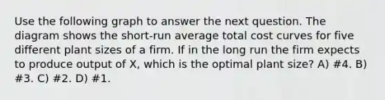 Use the following graph to answer the next question. The diagram shows the short-run average total cost curves for five different plant sizes of a firm. If in the long run the firm expects to produce output of X, which is the optimal plant size? A) #4. B) #3. C) #2. D) #1.