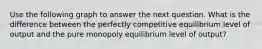 Use the following graph to answer the next question. What is the difference between the perfectly competitive equilibrium level of output and the pure monopoly equilibrium level of output?