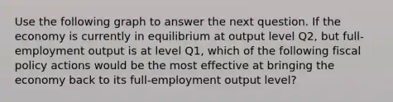 Use the following graph to answer the next question. If the economy is currently in equilibrium at output level Q2, but full-employment output is at level Q1, which of the following fiscal policy actions would be the most effective at bringing the economy back to its full-employment output level?