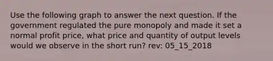 Use the following graph to answer the next question. If the government regulated the pure monopoly and made it set a normal profit price, what price and quantity of output levels would we observe in the short run? rev: 05_15_2018