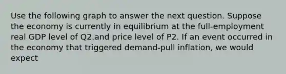 Use the following graph to answer the next question. Suppose the economy is currently in equilibrium at the full-employment real GDP level of Q2.and price level of P2. If an event occurred in the economy that triggered demand-pull inflation, we would expect