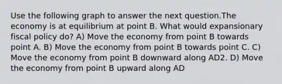 Use the following graph to answer the next question.The economy is at equilibrium at point B. What would expansionary fiscal policy do? A) Move the economy from point B towards point A. B) Move the economy from point B towards point C. C) Move the economy from point B downward along AD2. D) Move the economy from point B upward along AD