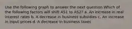 Use the following graph to answer the next question.Which of the following factors will shift AS1 to AS2? a. An increase in real interest rates b. A decrease in business subsidies c. An increase in input prices d. A decrease in business taxes