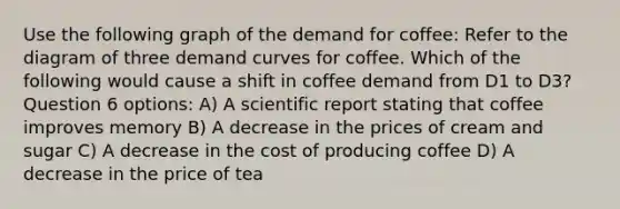 Use the following graph of the demand for coffee: Refer to the diagram of three demand curves for coffee. Which of the following would cause a shift in coffee demand from D1 to D3? Question 6 options: A) A scientific report stating that coffee improves memory B) A decrease in the prices of cream and sugar C) A decrease in the cost of producing coffee D) A decrease in the price of tea