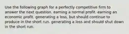 Use the following graph for a perfectly competitive firm to answer the next question. earning a normal profit. earning an economic profit. generating a loss, but should continue to produce in the short run. generating a loss and should shut down in the short run.