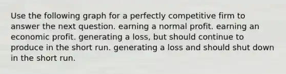 Use the following graph for a perfectly competitive firm to answer the next question. earning a normal profit. earning an economic profit. generating a loss, but should continue to produce in the short run. generating a loss and should shut down in the short run.