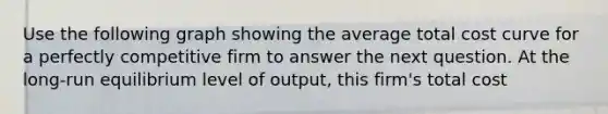 Use the following graph showing the average total cost curve for a perfectly competitive firm to answer the next question. At the long-run equilibrium level of output, this firm's total cost