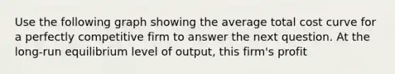 Use the following graph showing the average total cost curve for a perfectly competitive firm to answer the next question. At the long-run equilibrium level of output, this firm's profit