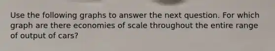 Use the following graphs to answer the next question. For which graph are there economies of scale throughout the entire range of output of cars?
