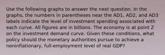 Use the following graphs to answer the next question. In the graphs, the numbers in parentheses near the AD1, AD2, and AD3 labels indicate the level of investment spending associated with each curve. All figures are in billions. The economy is at point Z on the investment demand curve. Given these conditions, what policy should the monetary authorities pursue to achieve a noninflationary, full-employment level of real GDP?