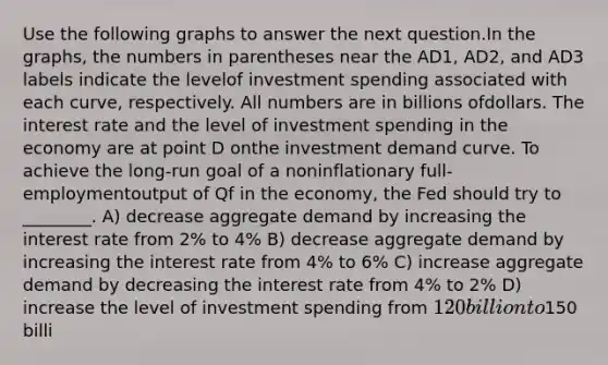 Use the following graphs to answer the next question.In the graphs, the numbers in parentheses near the AD1, AD2, and AD3 labels indicate the levelof investment spending associated with each curve, respectively. All numbers are in billions ofdollars. The interest rate and the level of investment spending in the economy are at point D onthe investment demand curve. To achieve the long-run goal of a noninflationary full-employmentoutput of Qf in the economy, the Fed should try to ________. A) decrease aggregate demand by increasing the interest rate from 2% to 4% B) decrease aggregate demand by increasing the interest rate from 4% to 6% C) increase aggregate demand by decreasing the interest rate from 4% to 2% D) increase the level of investment spending from 120 billion to150 billi