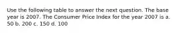 Use the following table to answer the next question. The base year is 2007. The Consumer Price Index for the year 2007 is a. 50 b. 200 c. 150 d. 100