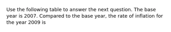 Use the following table to answer the next question. The base year is 2007. Compared to the base year, the rate of inflation for the year 2009 is