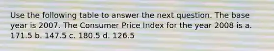 Use the following table to answer the next question. The base year is 2007. The Consumer Price Index for the year 2008 is a. 171.5 b. 147.5 c. 180.5 d. 126.5