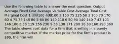 Use the following table to answer the next question. Output Average Fixed Cost Average Variable Cost Average Total Cost Marginal Cost 1 300100 400100 2 150 75 225 50 3 100 70 170 60 4 75 73 148 80 5 60 80 140 110 6 50 90 140 140 7 43 103 146 180 8 38 119 156 230 9 33 138 171 290 10 30 160 190 360 The table shows cost data for a firm that is selling in a purely competitive market. If the market price for the firm's product is 80, the firm will