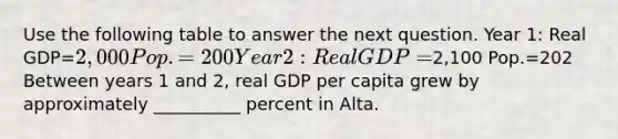 Use the following table to answer the next question. Year 1: Real GDP=2,000 Pop.=200 Year 2: Real GDP=2,100 Pop.=202 Between years 1 and 2, real GDP per capita grew by approximately __________ percent in Alta.