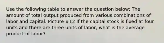 Use the following table to answer the question below: The amount of total output produced from various combinations of labor and capital. Picture #12 If the capital stock is fixed at four units and there are three units of labor, what is the average product of labor?