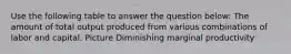 Use the following table to answer the question below: The amount of total output produced from various combinations of labor and capital. Picture Diminishing marginal productivity