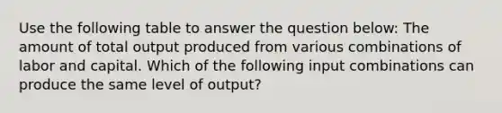 Use the following table to answer the question below: The amount of total output produced from various combinations of labor and capital. Which of the following input combinations can produce the same level of output?