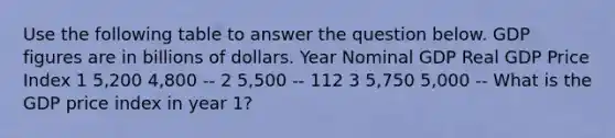 Use the following table to answer the question below. GDP figures are in billions of dollars. Year Nominal GDP Real GDP Price Index 1 5,200 4,800 -- 2 5,500 -- 112 3 5,750 5,000 -- What is the GDP price index in year 1?