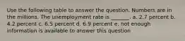 Use the following table to answer the question. Numbers are in the millions. The unemployment rate is _______. a. 2.7 percent b. 4.2 percent c. 6.5 percent d. 6.9 percent e. not enough information is available to answer this question