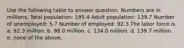 Use the following table to answer question. Numbers are in millions. Total population: 195.4 Adult population: 139.7 Number of unemployed: 5.7 Number of employed: 92.3 The labor force is a. 92.3 million. b. 98.0 million. c. 134.0 million. d. 139.7 million. e. none of the above.