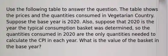 Use the following table to answer the question. The table shows the prices and the quantities consumed in Vegetarian Country. Suppose the base year is 2020. Also, suppose that 2020 is the year the typical consumption basket was determined, so the quantities consumed in 2020 are the only quantities needed to calculate the CPI in each year. What is the value of the basket in the base year?